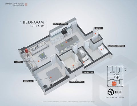 Floor plan for 1 bed, 1 bath, 716 sqft